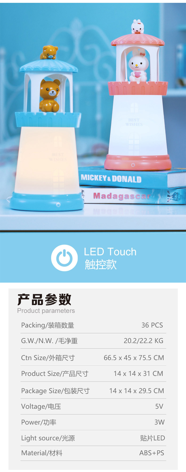 LED三档色温无极调光触控灯塔夜灯-熊猫